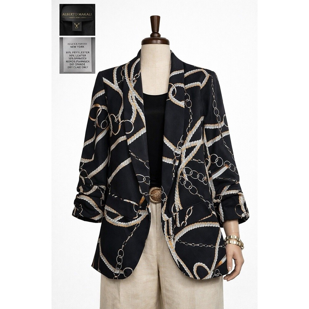 Alberto Makali Women’s Black Chain Print Open Front Blazer Stretch Career Statem - Picture 12 of 12